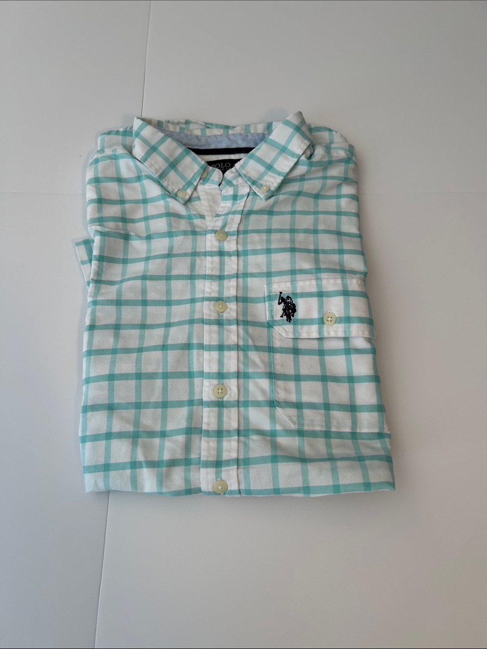 US Polo Assn Men’s Mint Green and White Windowpane Button-Down Shirt